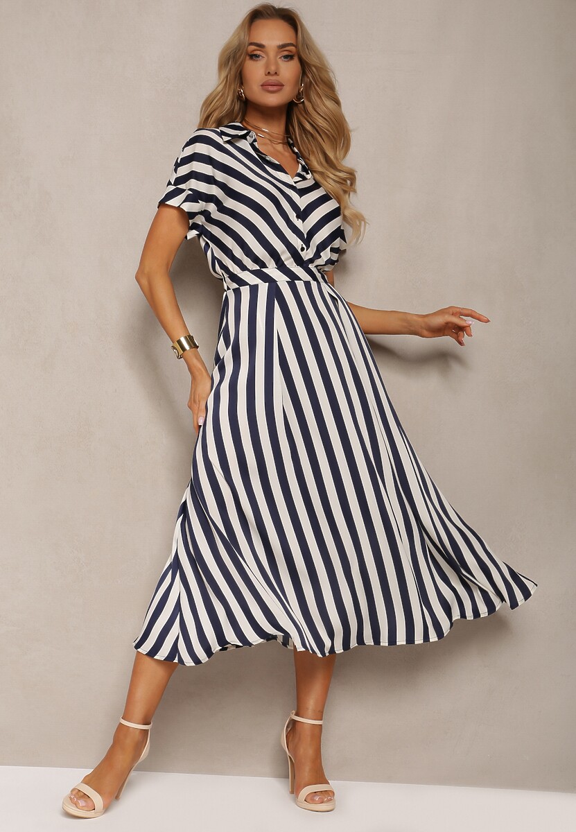 Beżowo-Czarna Rozkloszowana Sukienka z Gumką w Talii i Guzikami z Printem w Paski Jentia