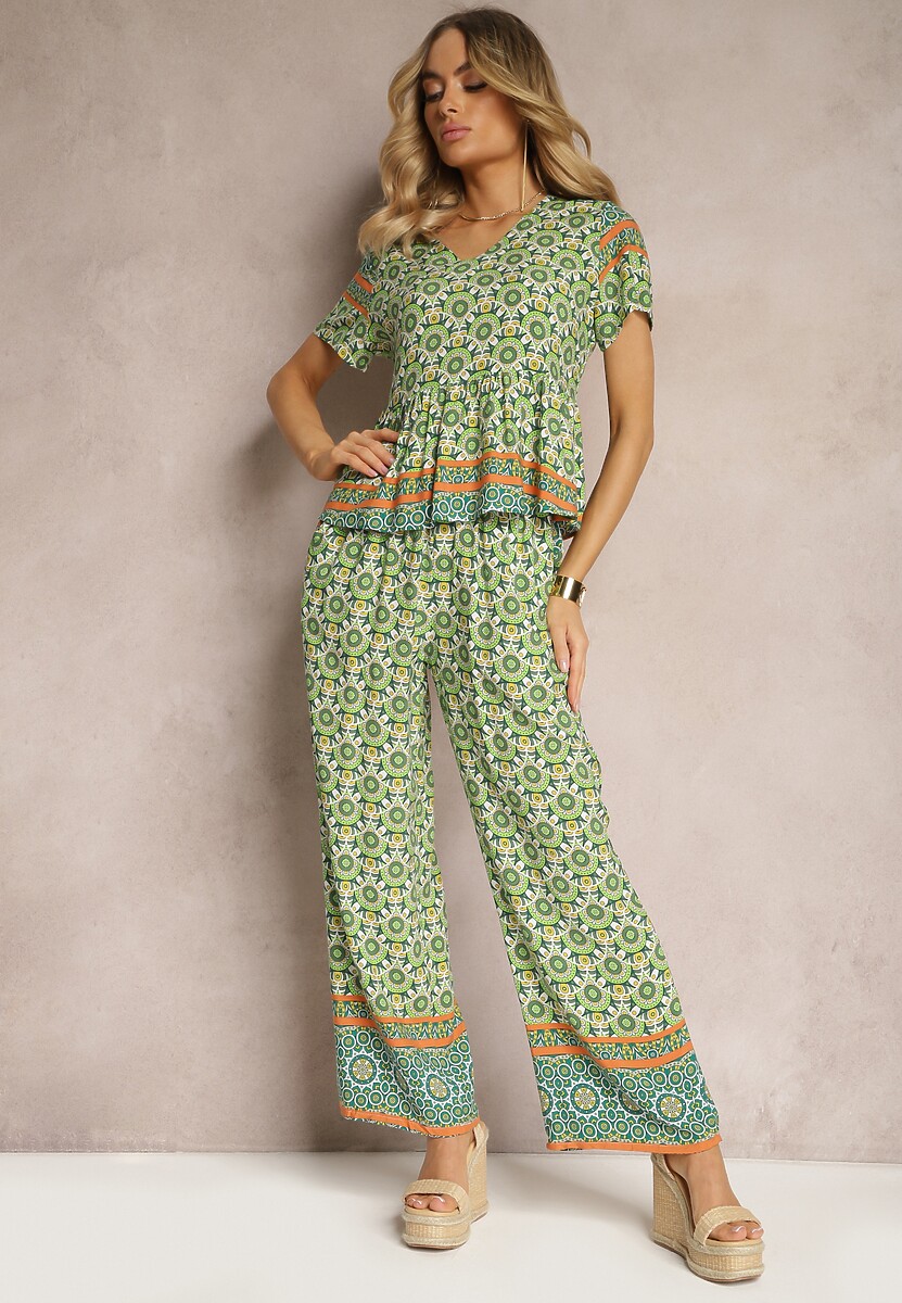 Zielony Komplet z Wiskozy w Stylu Boho Bluzka z Krótkim Rękawem i Spodnie z Gumką w Pasie Valesia