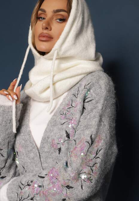 Jasnoszary Kardigan z Wełną o Klasycznym Kroju z Ozdobnym Haftem i Cekinami Isselia