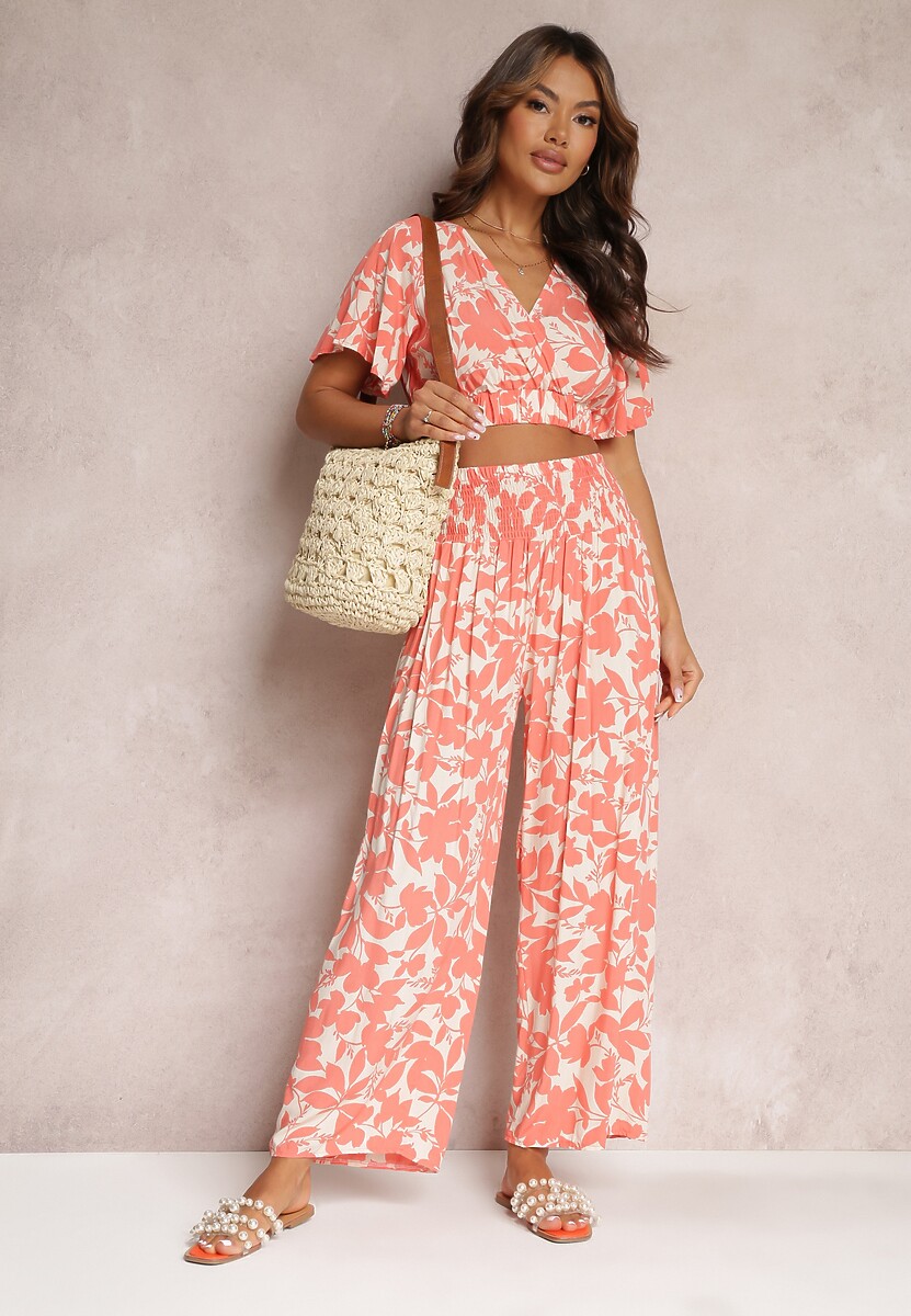 Pomarańczowy 2-częściowy Komplet z Szerokimi Spodniami i Krótką Bluzką z Wiskozy Steliisa