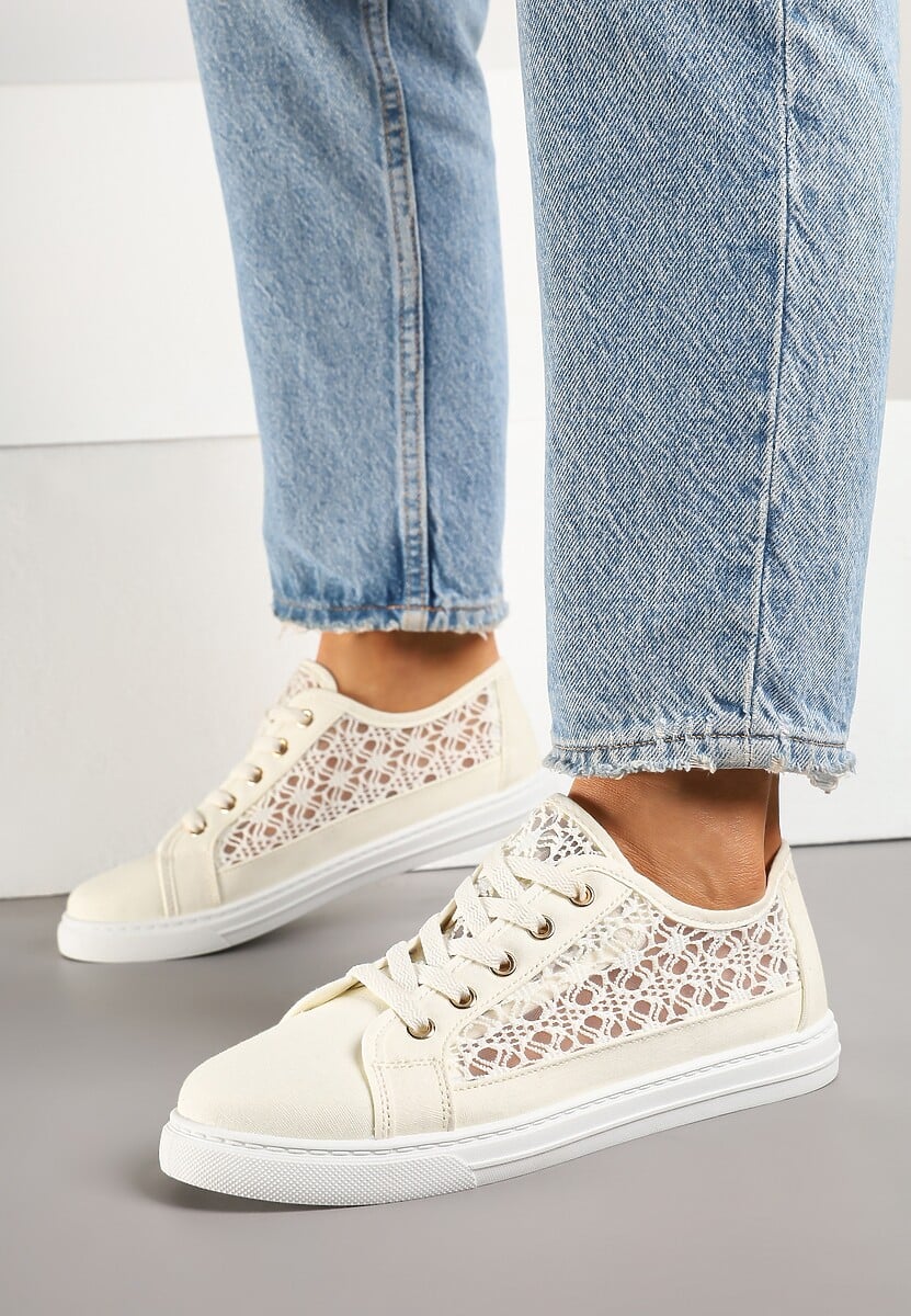 Beżowe Trampki Tenisówki Ozdobione Ażurową Cholewką Xalimi