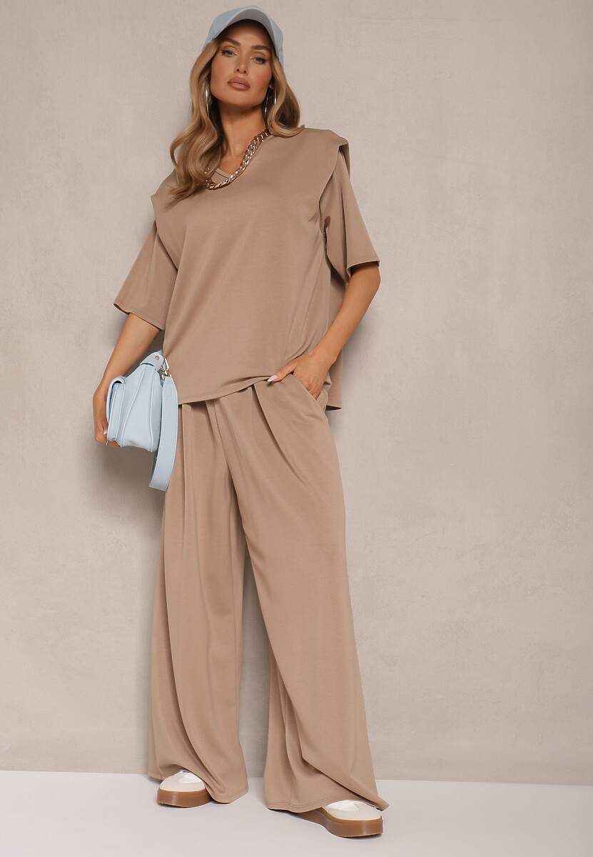 Czarny Komplet z Wiskozą T-shirt z Dekoltem w Serek i Spodnie o Szerokim Kroju Zevline