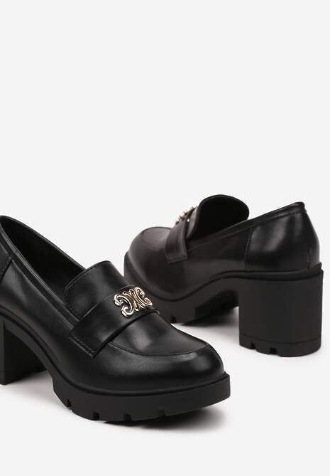 Czarne Półbuty z Ozdobną Aplikacją w Stylu Loafersów na Obcasie Firlexia