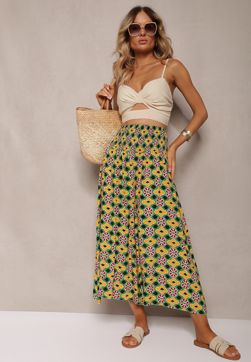 Żółto-Zielone Szerokie Spodnie Culottes z Bawełnianej Tkaniny w Mozaikowy Wzór Miratte