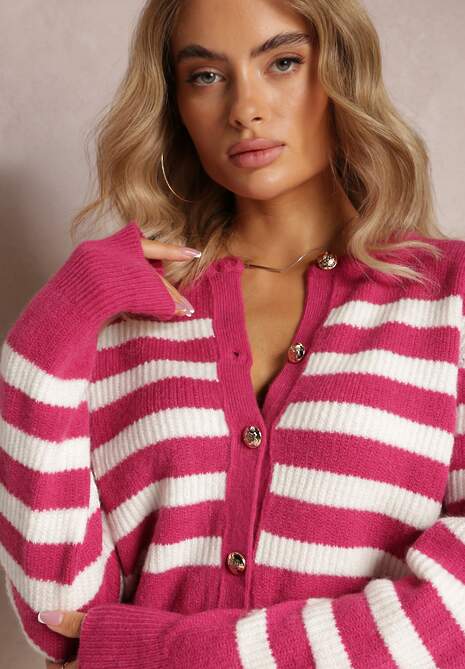 Różowy Luźny Krótki Kardigan Zapinany na Guziki w Paski Abburra