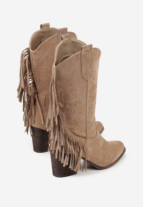 Beżowe Botki Kowbojki na Stożku z Frędzlami przy Cholewce Reinia