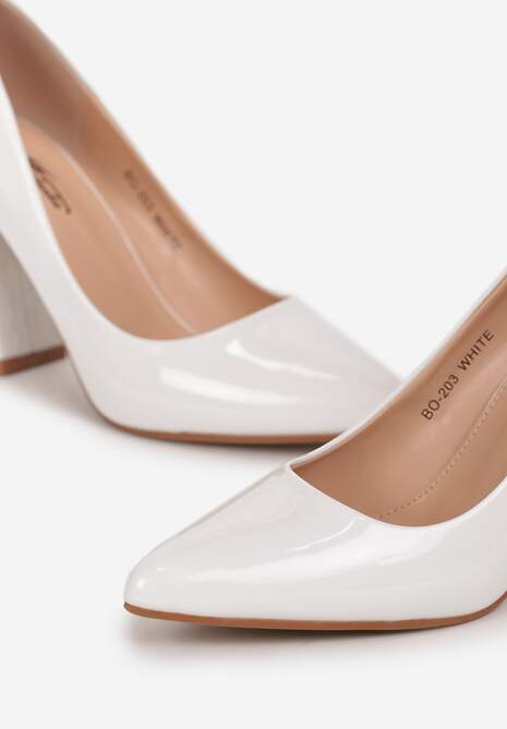 Białe Lakierowane Czółenka na Stożkowym Obcasie ze Szpiczastym Noskiem Miriamans