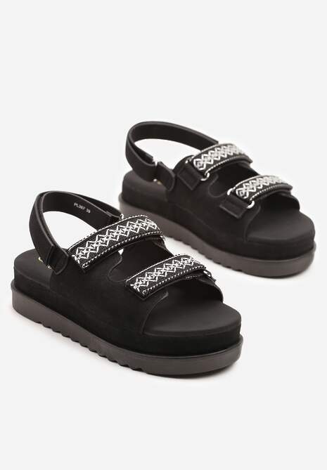 Czarne Sandały na Niskiej Platformie z Zapięciem na Rzep Zdobione Haftem Soreze