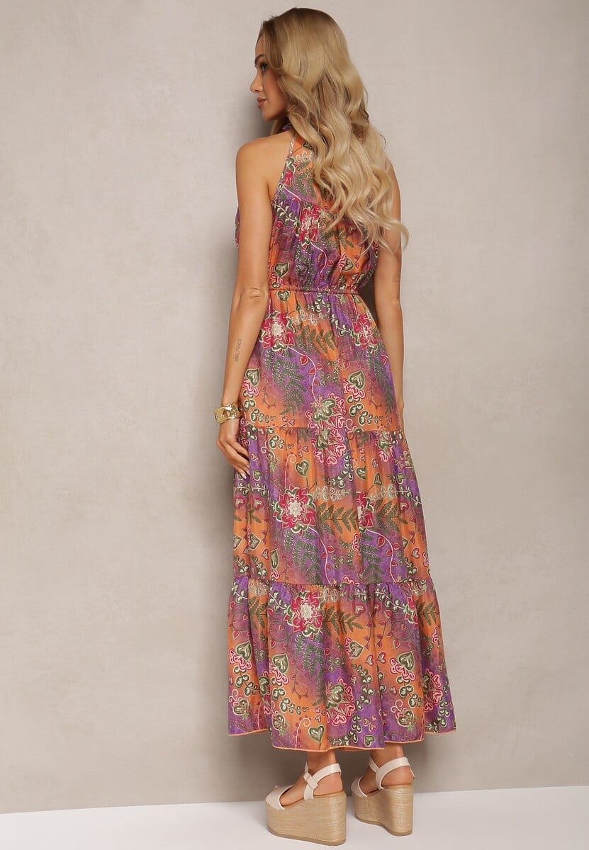 Pomarańczowo-Różowa Sukienka w Stylu Boho z Gumką w Talii i Ozdobnym Wiązaniem Piofara