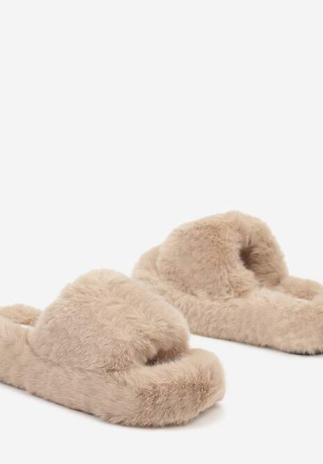 Ciemnobeżowe Płaskie Kapcie Ozdobione Futerkiem Narinae