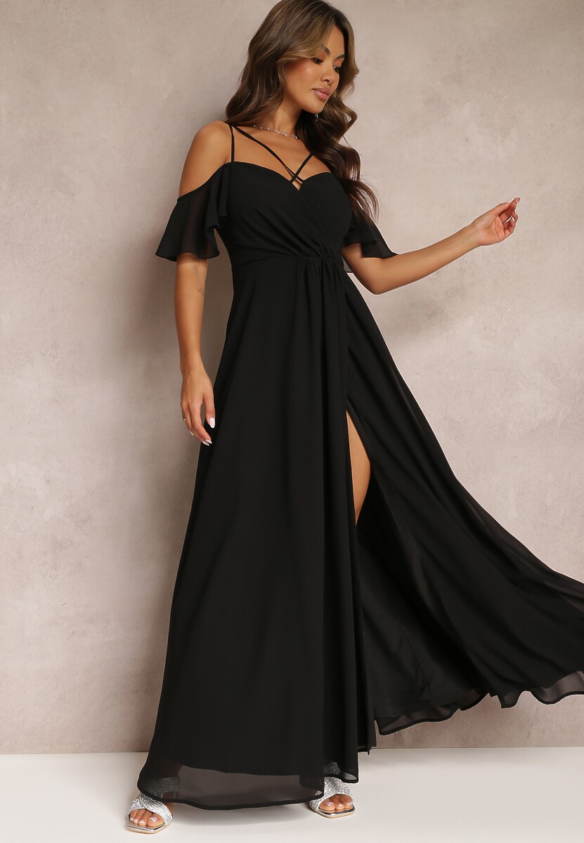 Czerwona Rozkloszowana Sukienka Maxi o Kopertowym Fasonie na Cienkich Ramiączkach Burwena