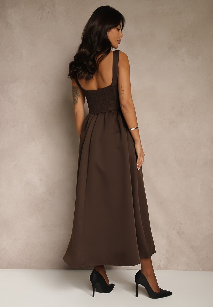 Brązowa Sukienka o Rozkloszowanym Kroju na Szerokich Ramiączkach Retelina