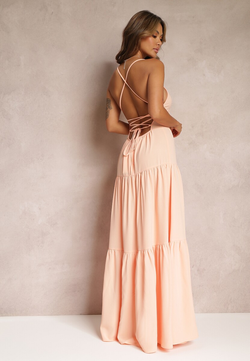 Pomarańczowa Rozkloszowana Maxi Sukienka z Falbankami i Wiązaniem na Tyle Karins