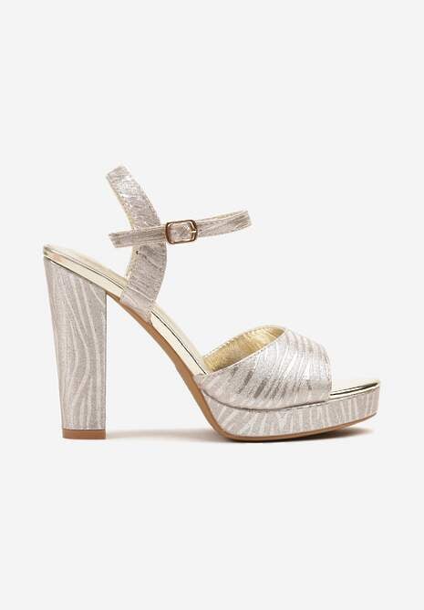 Złote Sandały na Słupkowym Obcasie Zdobione Brokatem Tillitria