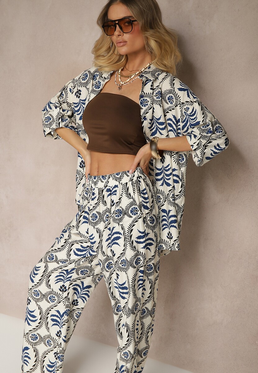 Czarny Komplet z Motywem Roślinnym Koszula i Spodnie Divisla