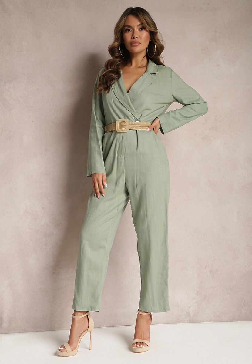 Zielony Kombinezon z Paskiem z Plecionki Kopertową Górą i Zwężającymi się Nogawkami Avnja