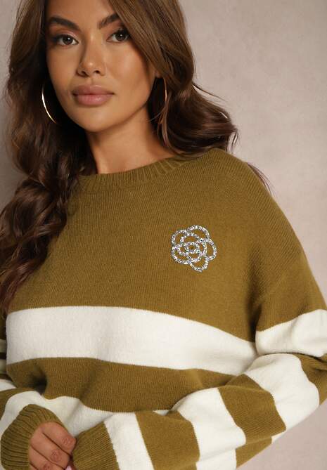 Zielony Sweter z Dodatkiem Wiskozy w Paski z Kwiatkiem z Cyrkonii Nevelit