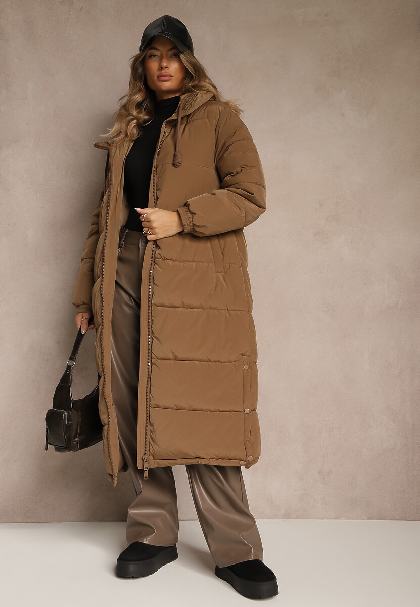 Brązowa Pikowana Kurtka o Długim Fasonie z Kapturem Unina