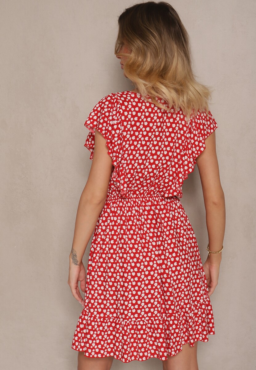 Czerwona Bawełniana Sukienka o Rozkloszowanym Kroju z Guzikami w Kwiatowy Wzór Roniva