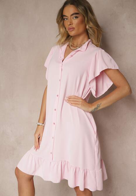 Różowa Koszulowa Sukienka Ozdobiona Falbankami i Guzikami Tenelora