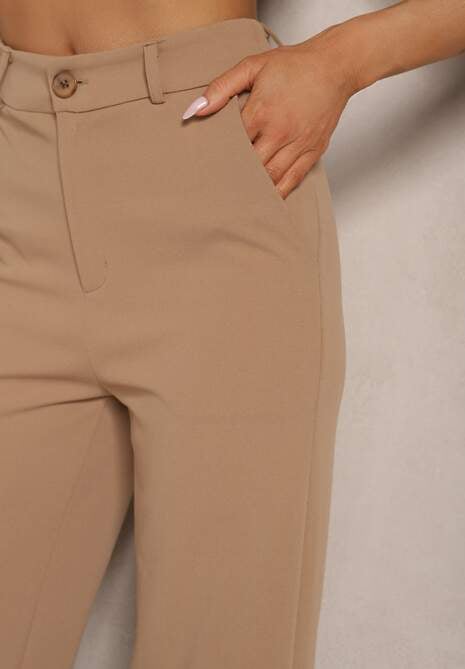 Ciemnobeżowe Spodnie o Garniturowym Fasonie z Wiskozą i Prostymi Nogawkami Senarielia