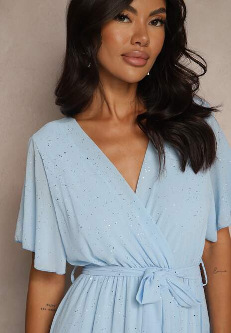 Niebieska Koktajlowa Brokatowa Sukienka z Paskiem Addlea