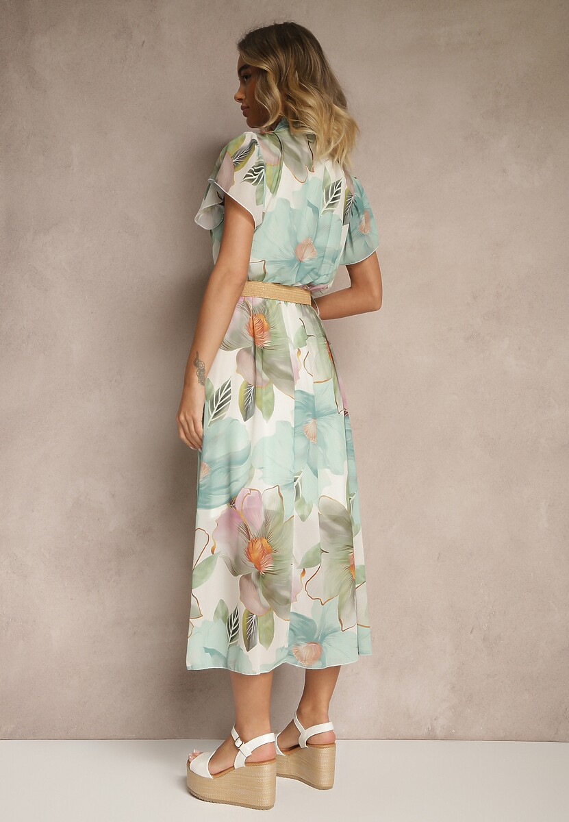 Jasnozielona Rozkloszowana Sukienka Zdobiona Wiązaniem i Paskiem z Klamrą Sorisse