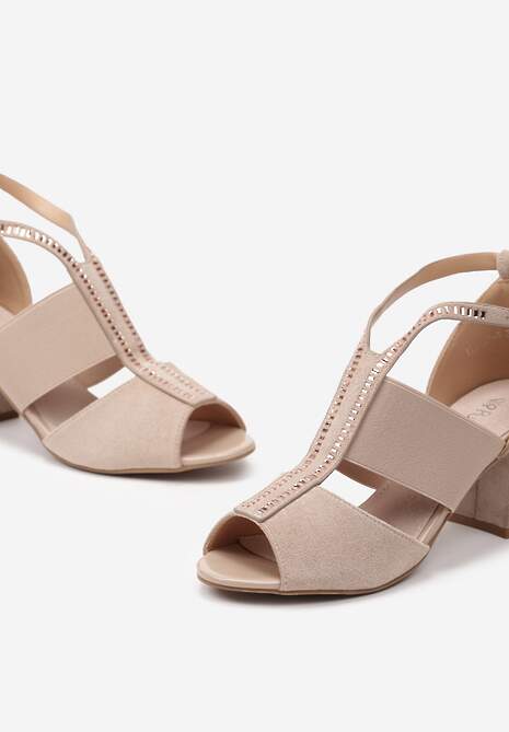 Beżowe Sandały na Słupku Zdobione Drobnymi Cyrkoniami Wirisa
