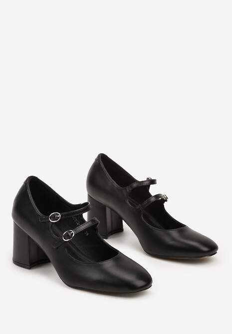 Czarne Czółenka na Słupku Ozdobione Paskami i kwadratowym Noskiem Jalabine