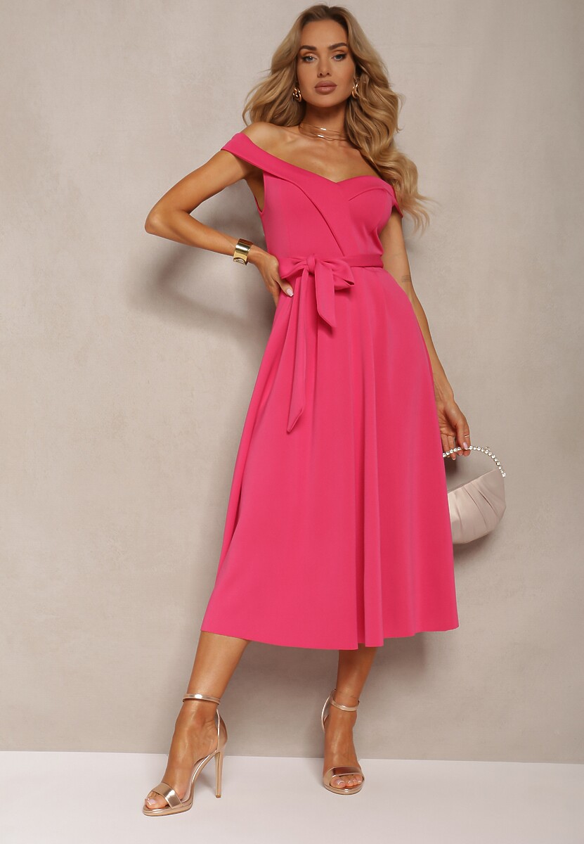 Ciemnofioletowa Sukienka Wieczorowa Hiszpanka z Materiałowym Paskiem Yellia