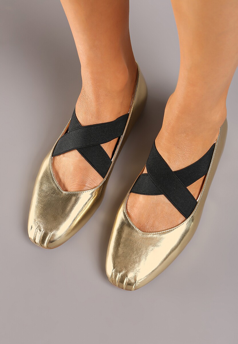 Złote Balerinki na Płaskiej Podeszwie z Gumką Elianora