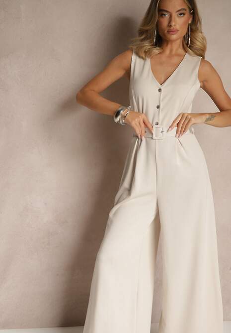 Jasnobeżowy Kombinezon o Taliowanym Kroju z Wiskozą i Paskiem Raliorea