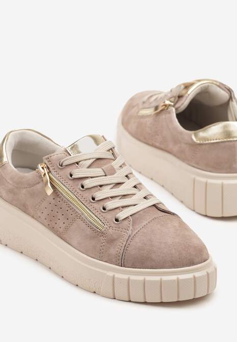 Beżowe Sneakersy Skórzane na Platformie z Ozdobnym Suwakiem i Perforacją Niliria
