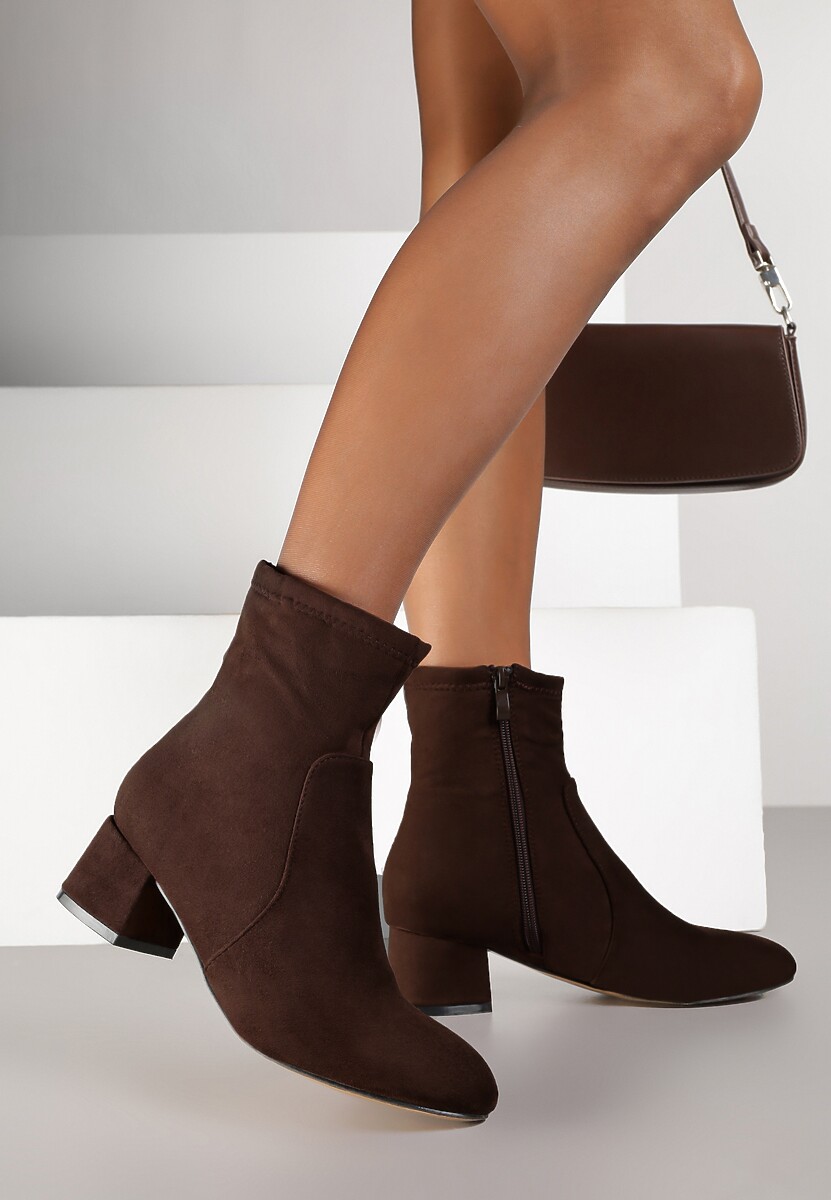 Ciemnobrązowe Botki Vices na Słupku Ozdobione Przeszyciem Ariske
