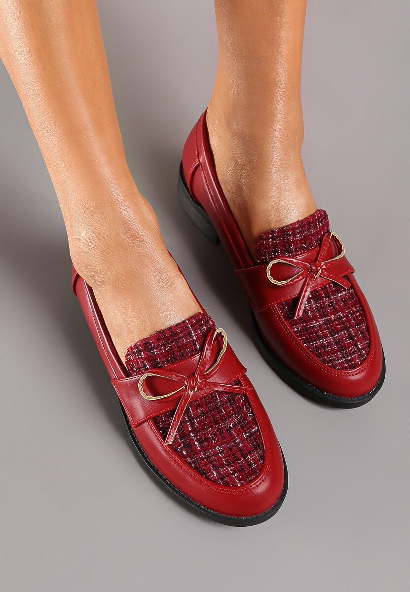 Bordowe Mokasyny na Płaskiej Podeszwie z Tweedowym Noskiem z Metaliczną Nicią i Kokardką Virorae