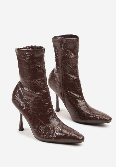 Brązowe Tłoczone Botki do Kostki Vices na Szpilce w Eleganckim Stylu Tadvire