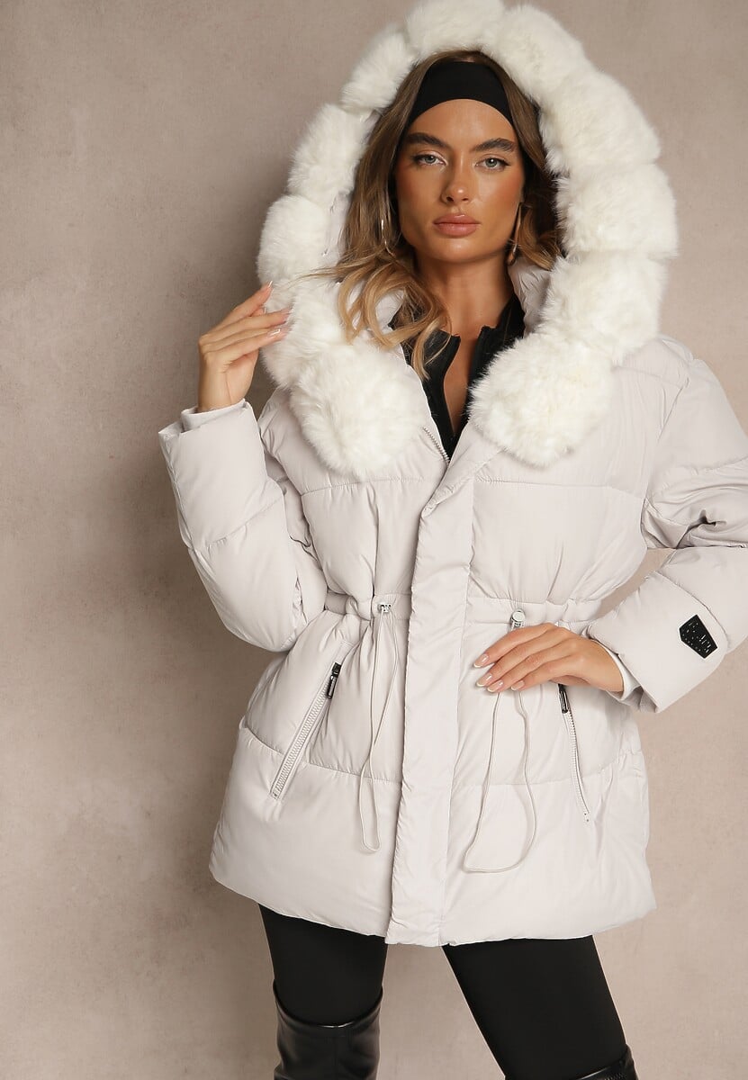 Biała Pikowana Kurtka z Szerokim Kapturem z Futrem Galiessa