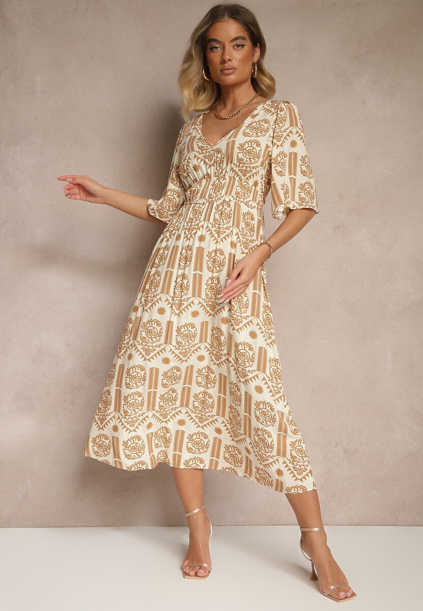 Ciemnobeżowa Sukienka Boho Rozkloszowana z Wiskozy z Odkrytymi Plecami Tuvria