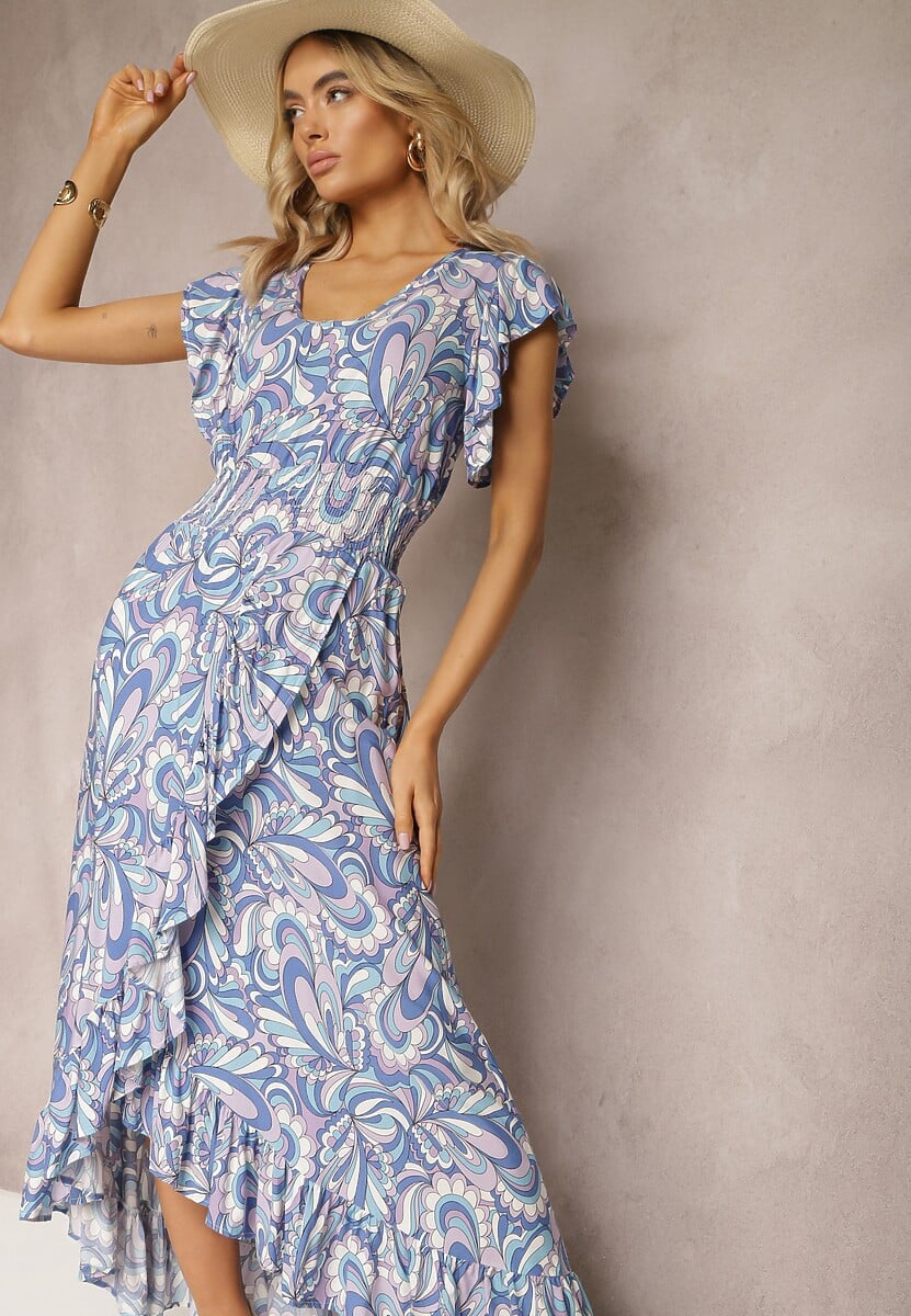 Niebieska Sukienka Boho z Gumką w Pasie i Asymetrycznym Dołem z Wiskozy Anorissa