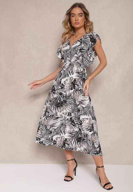 Biało-Czarna Sukienka o Rozkloszowanym Fasonie z Bawełny w Liście Lanadena