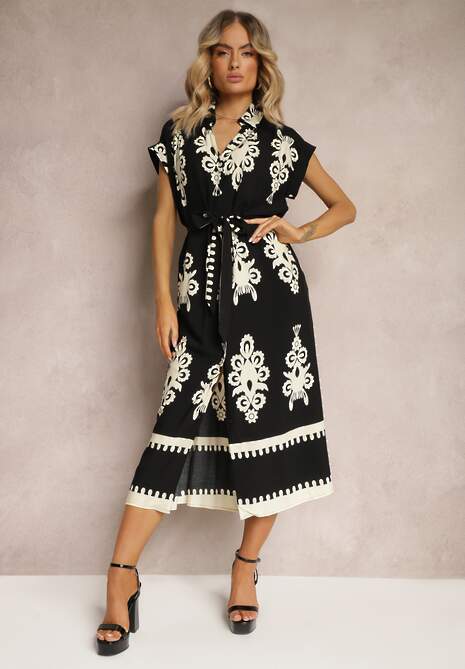 Czarno-Beżowa Boho Sukienka w Rozkloszowanym Stylu z Materiałowym Paskiem i Guzikami Jori