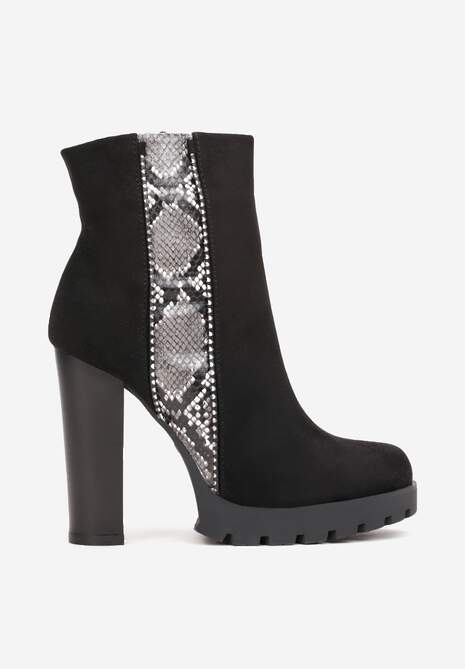 Czarne Botki na Słupku z Wężowym Paskiem Dorado