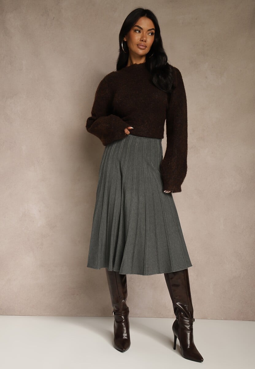 Ciemnoszara Dzianinowa Spódnica Plisowana o Rozkloszowanym Kroju Tuswia