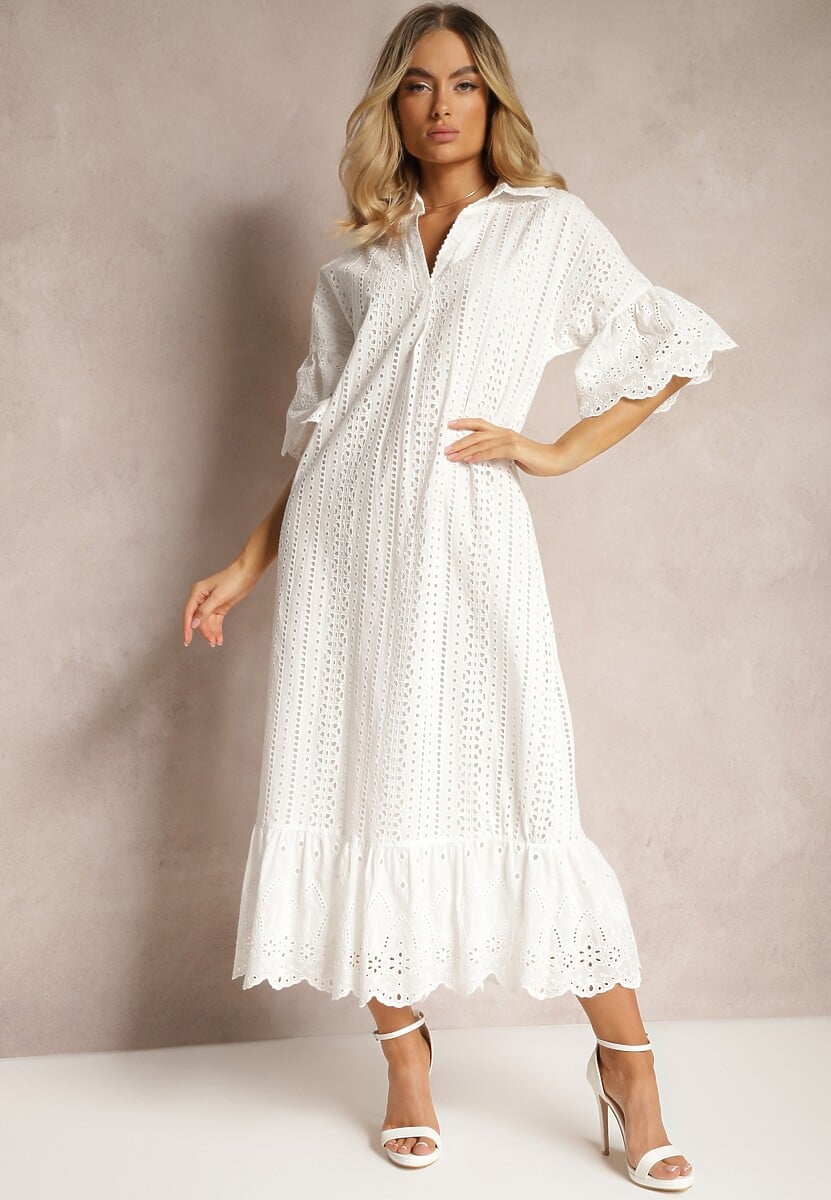 Biała Koronkowa Sukienka z Bawełny z Rękawem 3/4 o Rozszerzanym Kroju z Falbanką Mines
