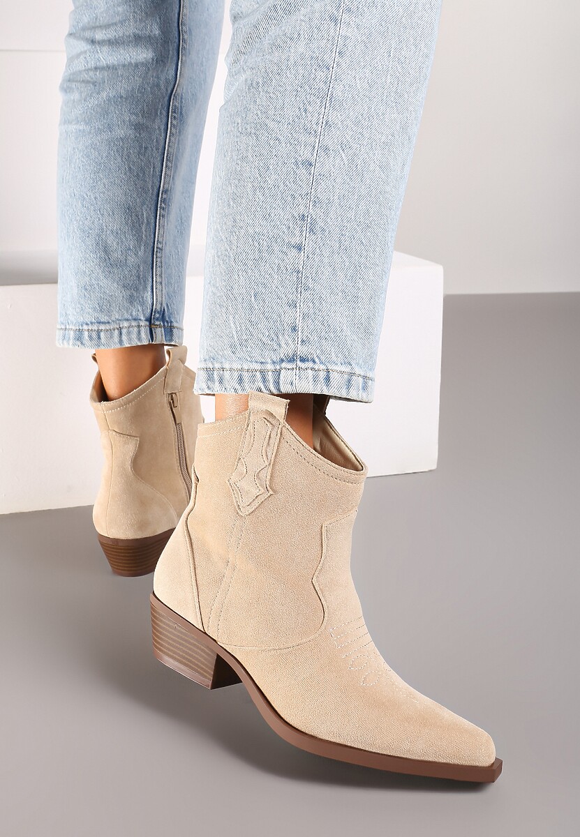 Beżowe Botki na Słupku w Stylu Kowbojek Zapinane na Suwak Evirene