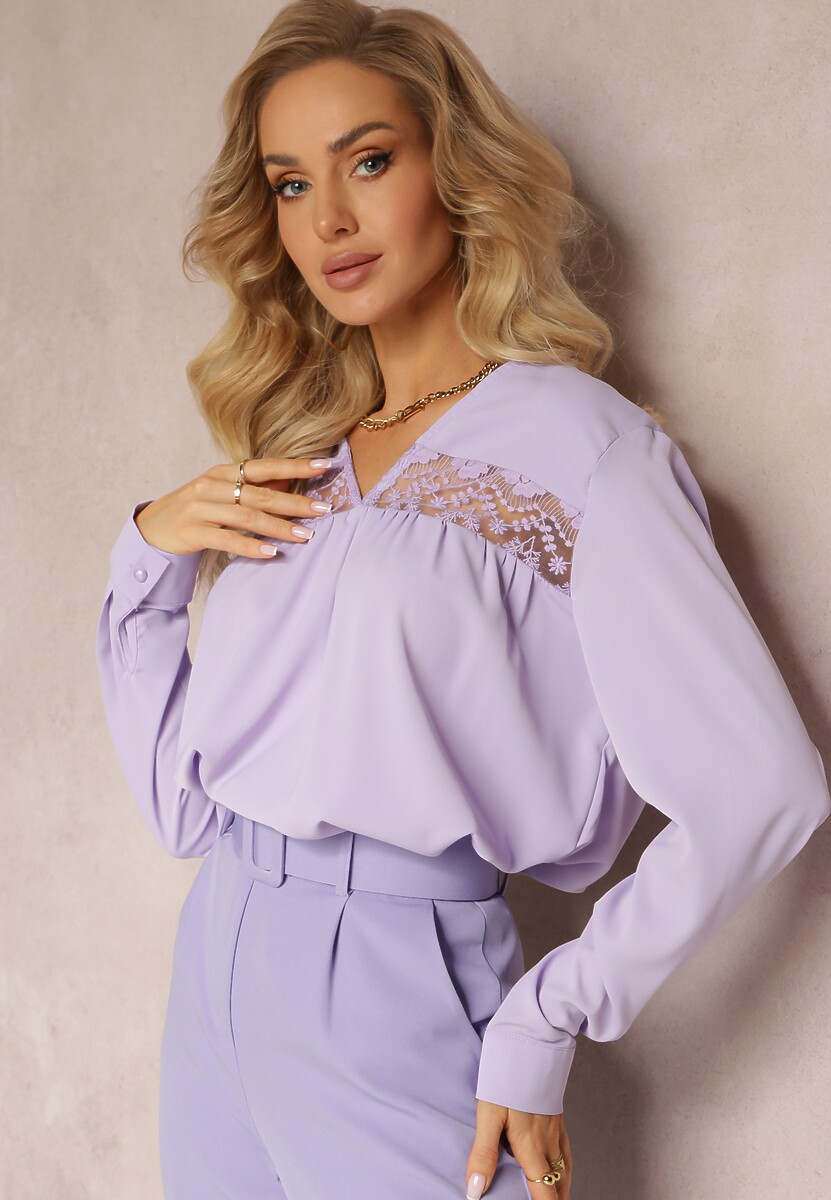 Fioletowa Bluzka z Haftem i Długim Rękawem Khodi