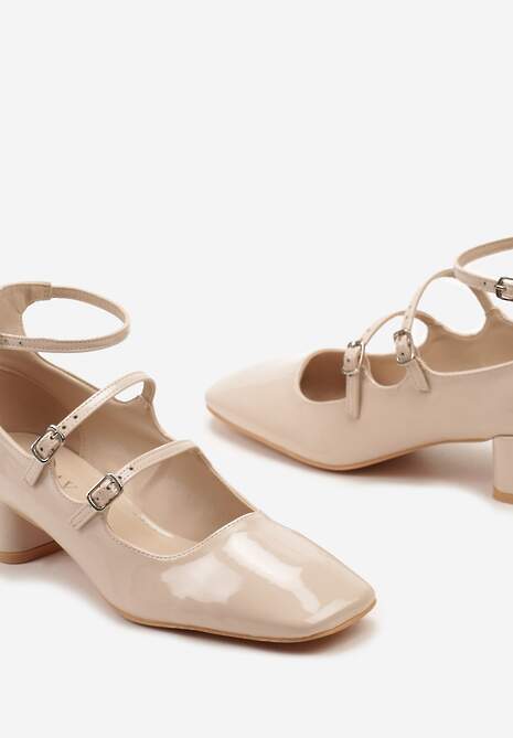 Beżowe Eleganckie Czółenka na Niewysokim Słupku Ozdobione Paskami ze Sprzączką Lavantia