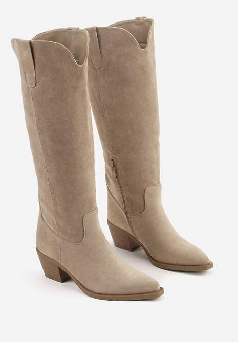 Ciemnobeżowe Kozaki z Imitacji Zamszu o Fasonie Kowbojek na Niskim Stożku Anuvitta