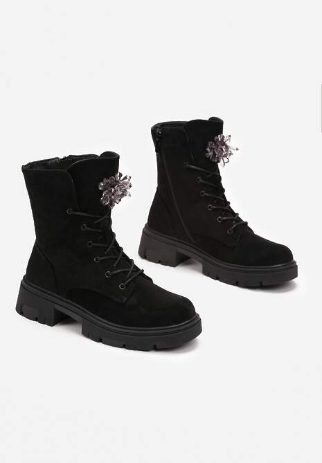 Czarne Botki Workery z Ozdobnymi Kamieniami Oriona