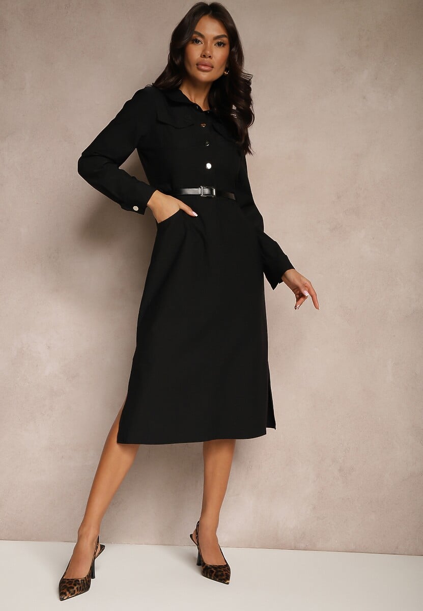Czarna Koszulowa Sukienka z Ozdobnym Paskiem i Rozcięciami Ciarira
